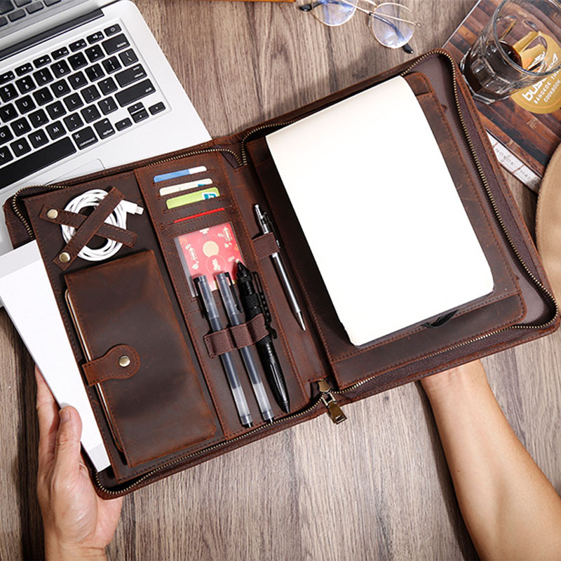Vintage Leather Journal Notebook - Кожаный органайзер-портфель на молнии из коровьей